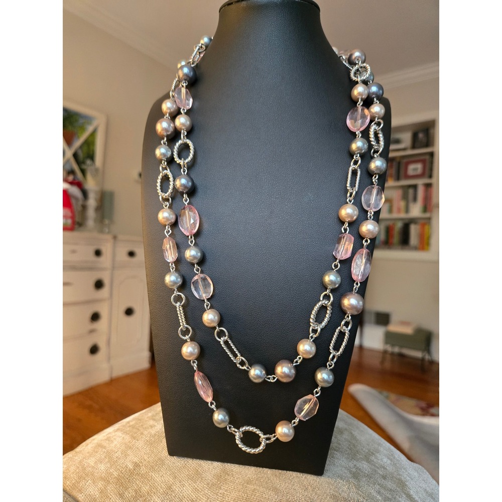 PREMIER DESIGNS "Newport" Pink & Silver Faux Pearl Beaded Link Necklace Long